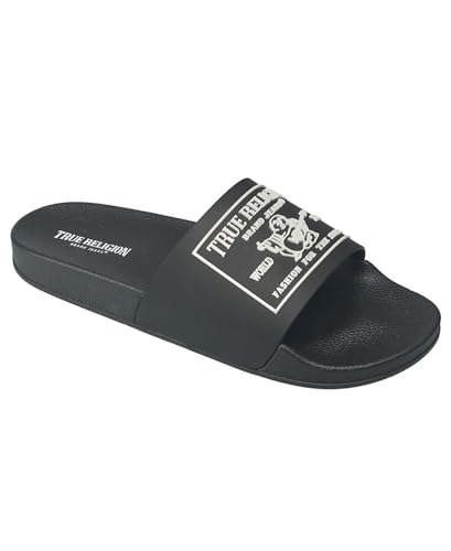 True Religion Men’s Graphic Slide Sandals – Bold Block Logo, Casual Comfort