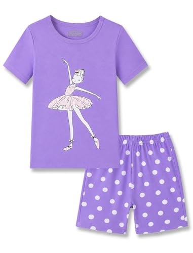 Mikrdoo Girls Pajamas Short Sleeve 2 Piece Elastic Waistband Shorts Pjs Sets Soft Cute Lavender Ballerina Dream Girls Sleepwear Size 6 Years