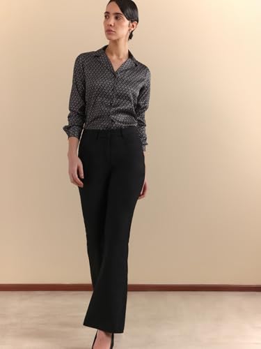Image of FableStreet Women Formal Trousers | Flared Mid-Rise Design with Belt Loops & Plain Hem | Solid Pattern & Woven Construction | Office Wear & Business Meetings