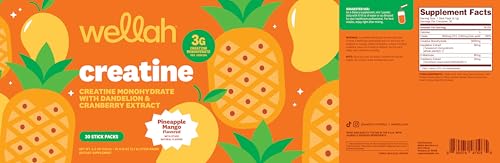 Image of Wellah Creatine for Women (Pineapple Mango) 30 Stick Packs, 3g Per Serving | With Dandelion, D-Mannose & Cranberry Extract, To-Go Packets