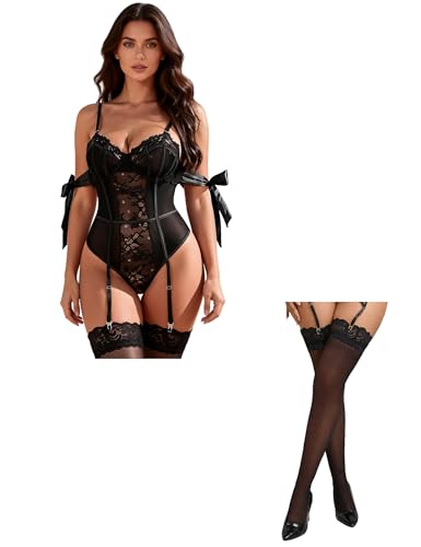 Body sexy femme noir lingerie fine avec bas autofixants transparents