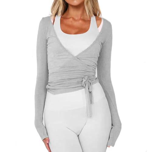 Women Wrap Tie Top Y2k Long SLeeve Ballet Workout Yoga...
