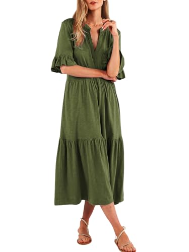 Image of Mieazom Short Sleeves Maxi Dress for Women A Line Summer Dress V Neck Casual Loose Tiered Long Dresses with Pockets
