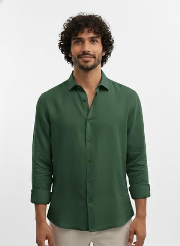 Image of Men's Linen Cotton Shirt | Solid Design | Full Sleeve | Regular Fit | Button Down Collar | Summer Casual & Formal Wear