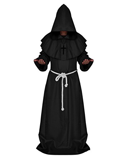 VERNASSA Medieval Monk Robe Priest Robe Halloween Cosplay Costume Cloak,Black,Large