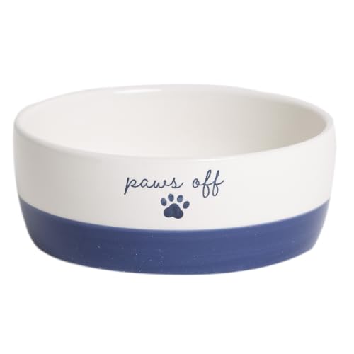 Pearhead Ceramic Cat Bowl Navy Blue Paws Off Design Holds 12 oz Stoneware Pet Dish Non-Skid Feeding Bowl