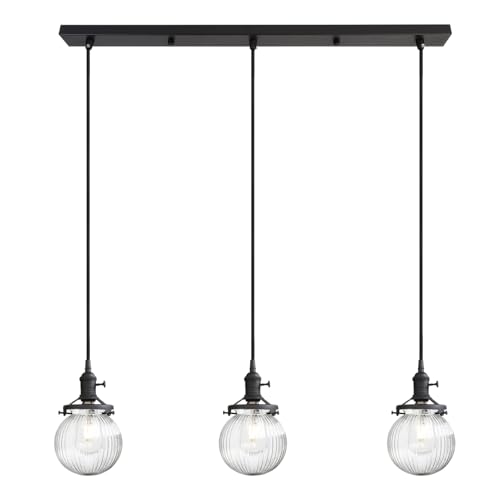 Image of Phansthy Kitchen Island Lighting, 3 Lights Linear Chandeliers, Hanging Light with 5.9 inch Globe Striped Glass Shade, 3-Light Pendant Light Fixtures for Dining Room Farmhouse (Black, Long Base)