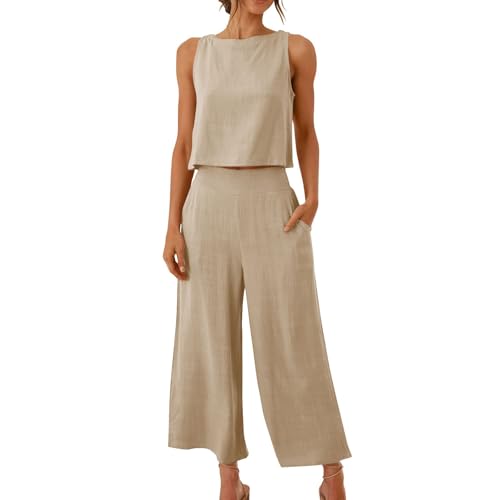 2 Piece Outfits Women Cotton Linen Sleeveless Crop Tops Wide Leg Trousers Co Ord Sets Summer Loungewear Airport Outfit Linen Sets for Women Solid Casual Loose Tracksuit with Pockets 2 Piece Outfits Women Cotton Linen Sleeveless Crop Tops Wide Leg Trousers Co Ord Sets Summer Loungewear Airport Outfit Linen Sets for Women Solid Casual Loose Tracksuit with Pockets