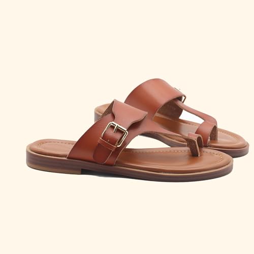 Women'S Leather Flat Toe Ring Flip Flops With Adjustable Buckle Slip On Comfortable T-Strap Toe Clip Slides Sandals For Daily Travel Causal Beach2