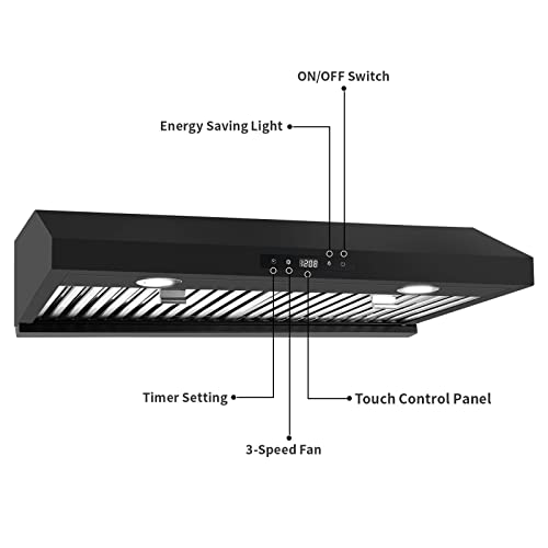 Sndoas Range Hood 30 Inch Under Cabinet,Black Kitchen Range Hood W/ 600 Cfm,Stainless Steel Over Stove Vent Hoods,Ducted Kitchen Hood W/Touch Control Panel,3 Speed Vent Exhaust Fan,Dual Motors #TOP3