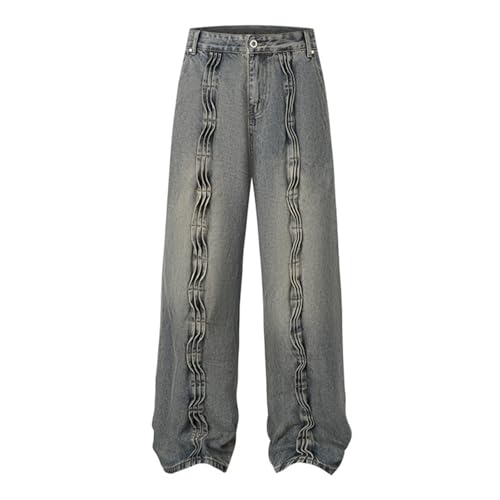 Men's Y2K Casual Jeans Fashion Pleated Wave Pattern Baggy Jean Pants Straight Wide Leg Hip Hop Denim Pants