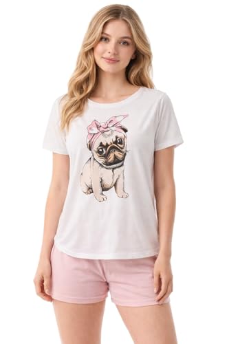 i-Smalls Ladies Adorable Pug Short Plus Size Pyjama Set with Matching Top and Sleep Inducing Pug Design (8-10) Pink Pug