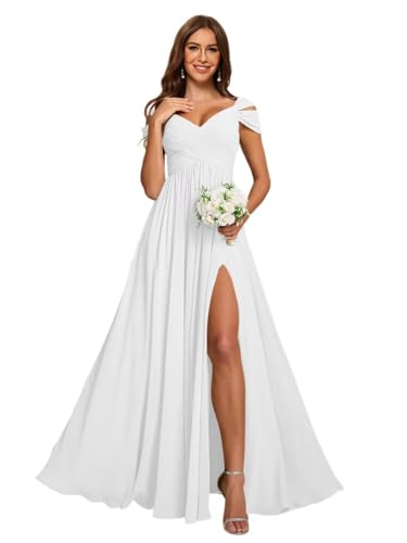 Image of vintys Women's Off Shoulder Ruched Bridesmaid Dresses Long with Pockets Slit Chiffon Formal Evening Dress VS180