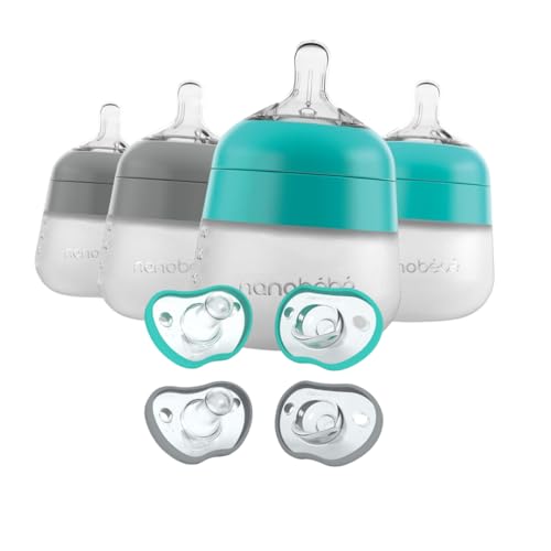 Image of Nanobebe Baby Pacifiers 0-3 Month, 4-Pack, Grey/Teal with Nanobebe Flexy Silicone Baby Bottle, Anti-Colic, Natural Feel, 4-Pack, Grey/Teal, 5 oz