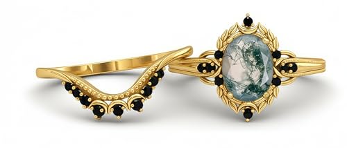 2.0 ctw Moss Agate/Onyx/Opal Ring Set For Women Gothic Black Halo Engagement Bridal Wedding Ring Set 10k/14k/18k Real Gold Natural Oval Cut Moss Rings Gifts For Anniversary Valentine's Day4