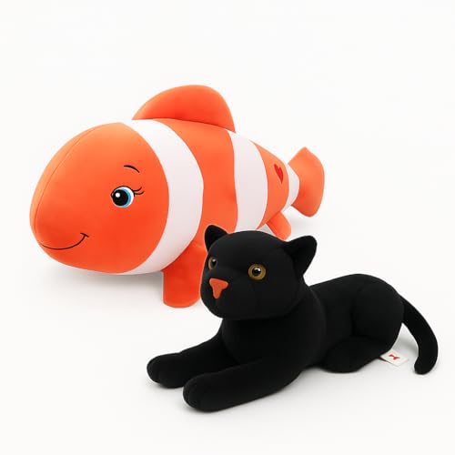 Image of Cute Fish & Panther Plush Toy Combo - 30 cm Soft Stuffed Animals for Kids | Super Soft & Huggable for Boys & Girls (Pack of 2)