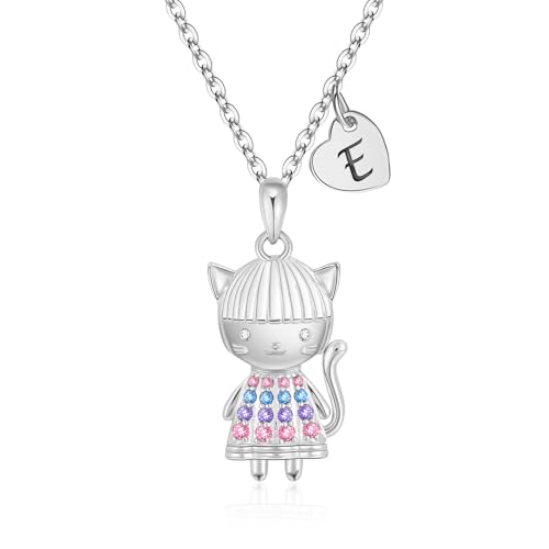 Anime Style 3D Cartoon Cat Girl Necklace for Girls, Kitty Girl Pendant Initial Necklaces for Kids, 14K Gold-Plan Gift for Birthday Party
