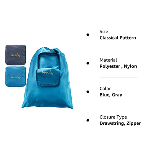 2 Pieces Travel Laundry Bag Small Dirty Clothes Bags For Traveling Lightweight And Expandable Laundry Bag For Suitcase With Zipper And Drawstring Nylon (Blue, Gray, Classical Pattern) #TOP6
