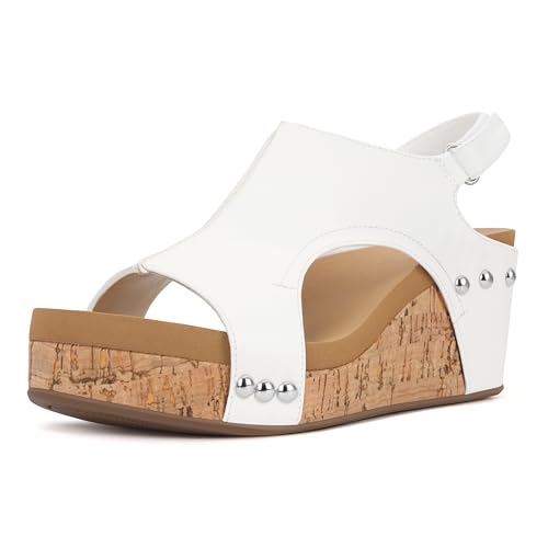 PARTY Women's Wedge Sandals With Buckle Ankle Strap for Dressy Summer, Kally-White PU-9 - Main Image