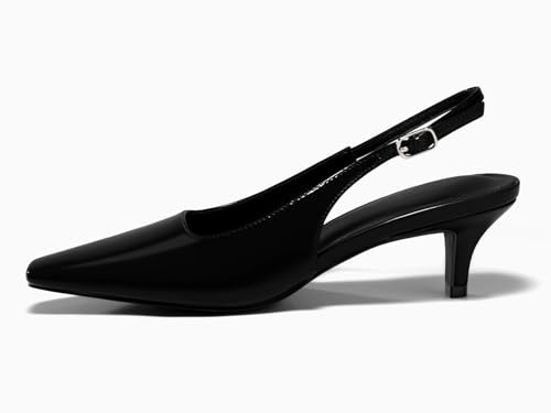 Coutgo Womens Kitten Low Heels Slingback Pumps Squared Point Toe Buckle Strap Wedding Party Dress Shoes3