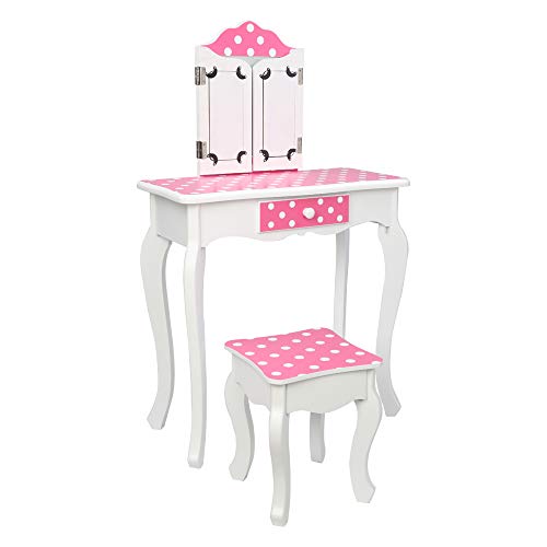 Image of Vanity Set,ShyneeMakeup Dressing Vanity Set Wooden Princess Makeup Table with Cushioned Stool,Drawer,Wooden Legs and Mirror, Make Up Dressing Play Set for Girls (Red Dots)