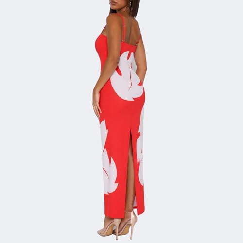 Image of TICIFEN Hawaiian Costume Dress Women's Halloween Red Leaf Printed Hawaiian Dress Spaghetti Strap Princess Maxi Dresses