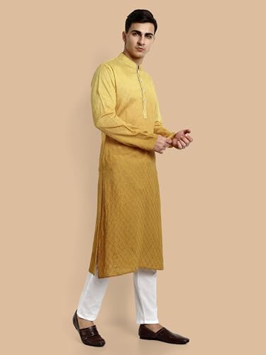 Image of Vardha Men's Cotton Chikankari Embroidered Kurta with Full Sleeves and Knee Length Design and Elegant Sequence Work | Kurta for Men