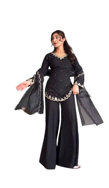 Image of Heavy Embroidered Crepe Silk Top with Sharara Palazzo and Lightweight Organza Dupatta - Festive & Party Ethnic Set for Women