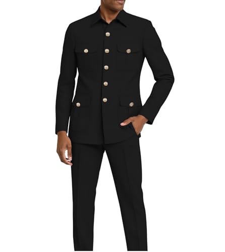 HUUTOE Safari Suits Multi-Pocket Jacket Men Prom Suit Stand Collar Safari Chinese Blazer Men Black Pants Sets 2 Pcs Classic Fit Medium-40