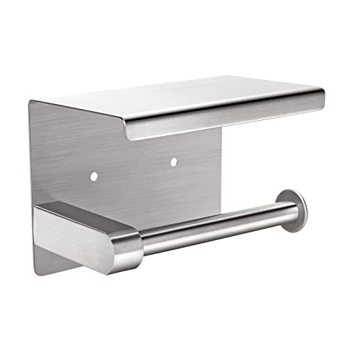 Toilet Paper Holder with Shelf [2022 Upgrade] Toilet Paper Roll Holder with Shelf Adhesive No Drilling or Wall-Mounted with Screws Stainless Steel Brushed Nickel