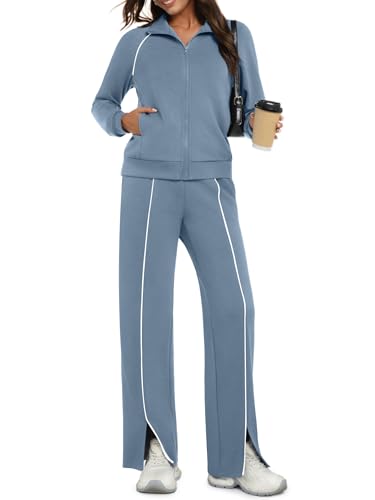 Casly Lamiit Two Piece Sets for Women Fall Travel Outfits Airport Casual Tracksuit Zip Up Sweatshirt Sweatpants with Slits 2025 Loungewear Sweatsuit Blue Grey XL