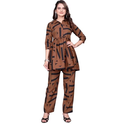 Image of Women Crepe 3 /4 Sleeves V Neck Cord Set Featuring Floral Pattern Design 2 Piece Ethnic Wear Set