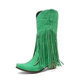 ENEN Botas Cowboy de Mujer Ante Botas de Mujer Cana Media Estilo Cowboy Comodas y Elegantes Botines Vaqueros para Invierno Otono al Aire Libre Diseno Borlas 34-45 (Verde,44)