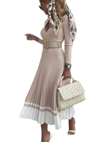 ORANDESIGNE Damen Gestricktes Faltenkleid Frauen Langarm V-Ausschnitt...