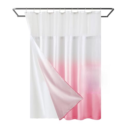 YI & ZE Pink Waffle Weave Shower Curtain with Snap-in Liner, 72W x 72L