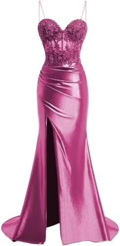 Women's Sweetheart Prom Dresses with Slit Mermaid Spaghetti Straps Lace Satin Formal Gowns