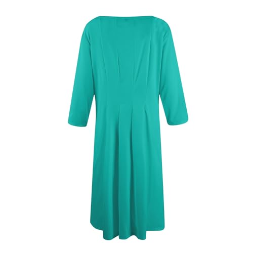 Dress for Women Casual Spring 3/4 Sleeve Ruched Dresses Midi Crew Neck A Line Solid Color with Pockets3