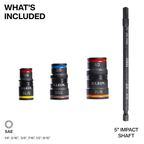 Klein Tools 32933 Klein Tools 32933 Impact Driver, SAE 7-in-1 Impact Rated Socket Set, 3 Flip Sockets with 6 Hex Driver Sizes and 1/4-Inch Bit Holder, 5-Inch Shaft