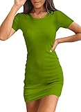Valiamcep Summer Womens Bodycon Dress Ribbed Short Sleeve Scoop Neck Slim Fit Mini Dress Grass Green L