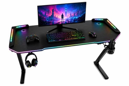 A.M.C. Scrivania Gaming con LED RGB Multicolore 120 x 60 cm, Tavolo PC con Passacavi, Portabicchieri e Porta Cuffie, Struttura in Metallo, Postazione per Gaming, Studio e Smart Working