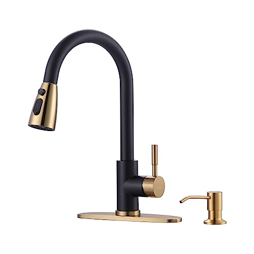 Black and Gold Kitchen Faucet with Soap Dispenser WOWOW Stainless Steel Kitchen Sink Faucet Single Handle High Arc Utility Sink Faucet for Sink RV Laundry Bar