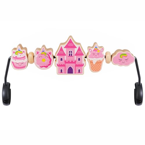 Image of iGRATENS Baby Bjorn Bouncer Toy Bar, Adorable Pink Elements Wooden Toy for Bouncer Soft & Bliss, Easy to Attach and Remove, Child-Friendly Materials, Special Design for Baby Girls, Castle & Dessert