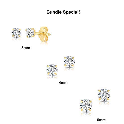 14k Yellow Gold Solitaire Round Cubic Zirconia CZ Stud Earrings with Gold butterfly Pushbacks - 3 Pair Set (3mm, 4mm, 5mm)3