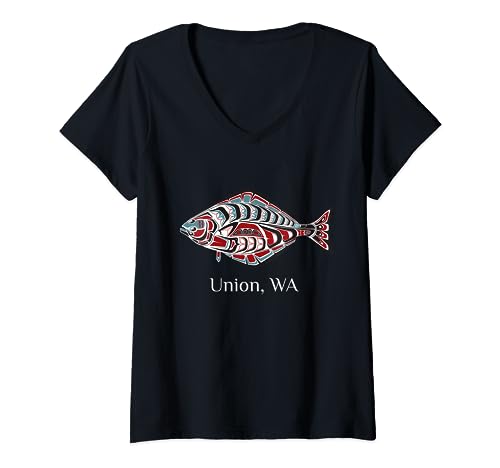 Union Washington PNW Art Nativo Americano Halibut Tribal Regalo Camiseta Cuello V