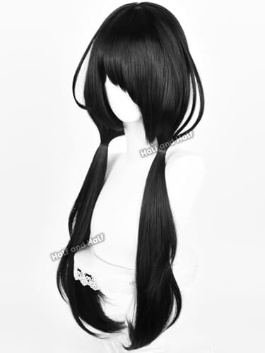 Image of Half and Half Kurumi Cosplay Wig Long Black Anime Low Ponytail Wigs with Side Part Bangs 31.5'' Black Pigtails Twin Tails Evil Elf Costume Wigs for Women Pary Halloween