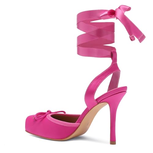 Image of Riekhany Satin Ballet Heels for Women Closed Square Toe Bow Ballerina Heels Lace Up High Heel Slingback Pumps Strappy Stiletto Mary Janes Elegant Party Shoes