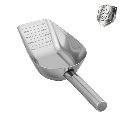 Aloxina Dog-Cat Food Scoop 1 Cup Thickened 304 Stainless Steel Pet Food Scoop with Long Handle Precision Scale Easy to Clean Suitable for Wet Dry Food