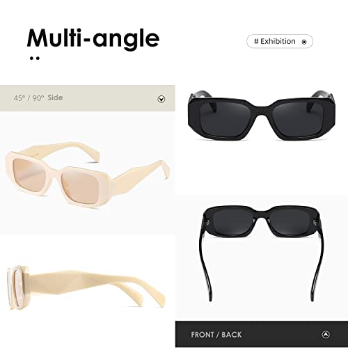 Kimorn Rectangle Sunglasses For Women Men Trendy Retro Trendy Sun Glasses 90’S Vintage Square Frame K1307 (Black+Off-White Frame Grey Lens) #TOP4