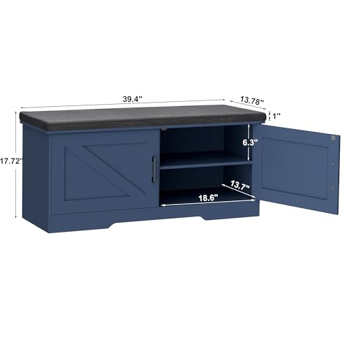 Image of HOMSHO Farmhouse Shoe Storage Bench with 2 Barn Doors & Padded Seat Cushion | 39.4 inch Wide Entryway Bench with Adjustable Shelves & Hidden Storage, Blue