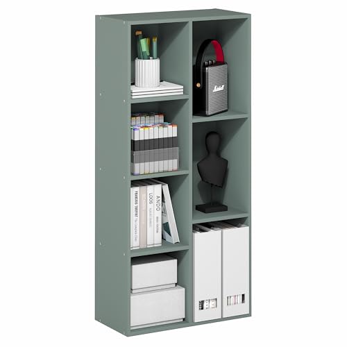 Image of Furinno LUDER Book Shelf, 7-Cube Bookshelf, Bookcase with Open Shelves, 9.4 x 19.5 x 41.7, Easy Assembly, for Living Room, Bedroom, Home Office, Sage Green